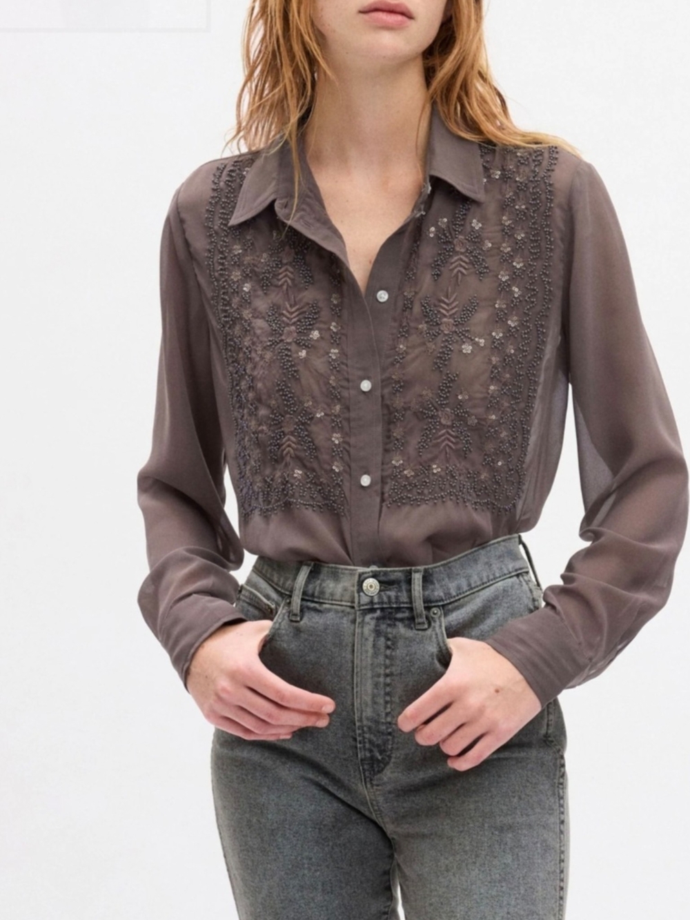 GAP Beaded Boyfriend Women’s Embroidered Button-Front Blouse Sz Sm